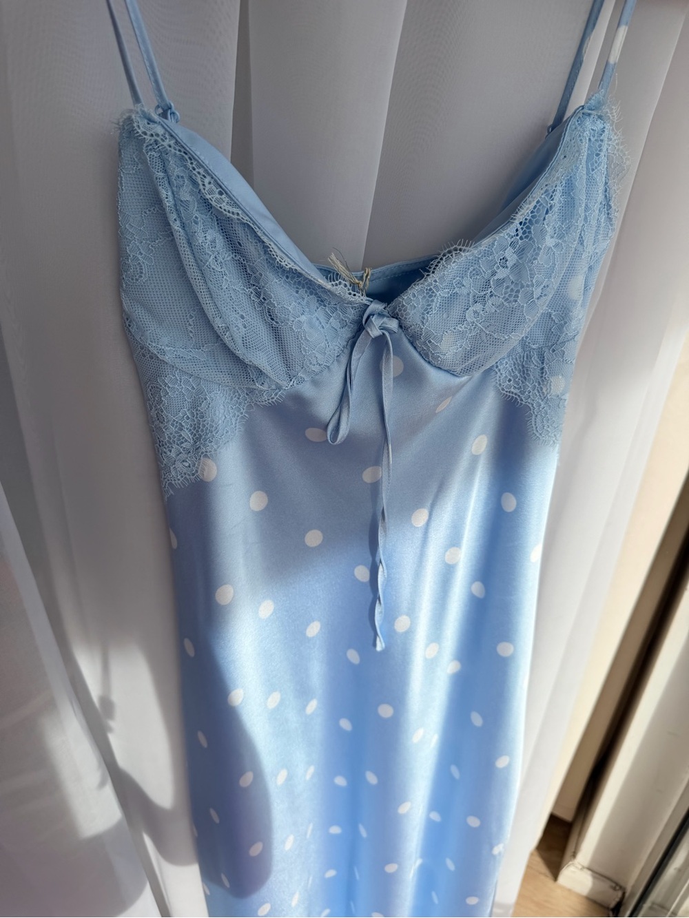 Jessica Simpson Light Blue & White Polka Dot Satin Lace Dress Tik Tok Viral